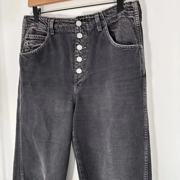 AMO Dock Pant 28 Vintage Black Wide Leg Jeans High Rise Button Fly